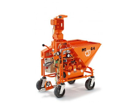 26-00260621 - Vakológép PFT G4 FC 230/400V vízpumpával - PFT G4 FC 230/400V víznyomásfokozó szivattyúvalInnovatív vakológép a PFT-től 230 V vagy 400 V elektromos csatlakozás.FC: frekvenciaváltó a fokozatmentes fordulatszám-szabályozáshoz és nyomaték-erősítéshez 230 V-on.Variálható, könnyen szállítható vakológép és univerzális munkaeszköz különféle építési munkához.A kompakt 230 vagy 400 V-os, speciálisan szivattyúzásra, szórásra, felhordásra kifejlesztett vakológép gépi felhasználású száraz habarcsok, folyékony és egyéb anyagok feldolgozására alkalmas.Nagy szállítási teljesítménynek köszönhetően különféle anyagokkal 20 méteres csőhosszig is hatékonyan használható.2 db háromfázisú motor: 0,3 KW, 12 ford/perc + 5,5 KW, 385 ford/percAVO500 nyomásfokozó szivattyúval (400V 0,37 kW)Egyszerű kezelés és karbantartásA könnyebb helyszíni mozgatás érdekében 4 kerékkel van felszerelve. Praktikus, csak 70 cm-es szélességű méret.Három külön elemből/modulból áll a felépítmény, és egy személy szerszám nélkül szétszerelheti és egyszerűen szállíthatja.A beépített vezérlőegység jól védett a váz által.A szivattyú cseréje igény esetén gyorsan kivitelezhető.Könnyű és gyors tisztítás a gumi keverőzónának köszönhetően.A biztonsági berendezések megfelelnek a legújabb szabványoknak. Felhasználás:	Gipszes gépi vakolatok	Meszes-gipszes vakolatok	Cementes vakolatok	Meszes vakolatok	Meszes-cementes vakolatok	Falazó habarcsok	Szigetelő vakolatok	Kitöltő habarcsok	Erősítő és ragasztóhabarcsok	Önterülő esztrich	Folyékony glettek Tartozékok, felépítés:Meghajtó motorokP-200 kompresszor (230 V 0,55 kW 180 l/perc 3,4 bar)Integrált vezérlőegységAnyagtartály védőráccsalSD 6–3 slimline szivattyúegységDN25 S14 200 Geka vakolópisztoly:		Belső átmérő: 25 mm			Szár hossza: 200 mm			14 mm-es fúvókával	RONDO DN25 vakolótömlő 25 mm x 10 mGeka DN12 Ewo levegő tömlő 11 m, 1/2